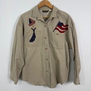 90s Willowbend Womens Large Button Up Shirt Tan Patriotic Bear Flag Stars USA